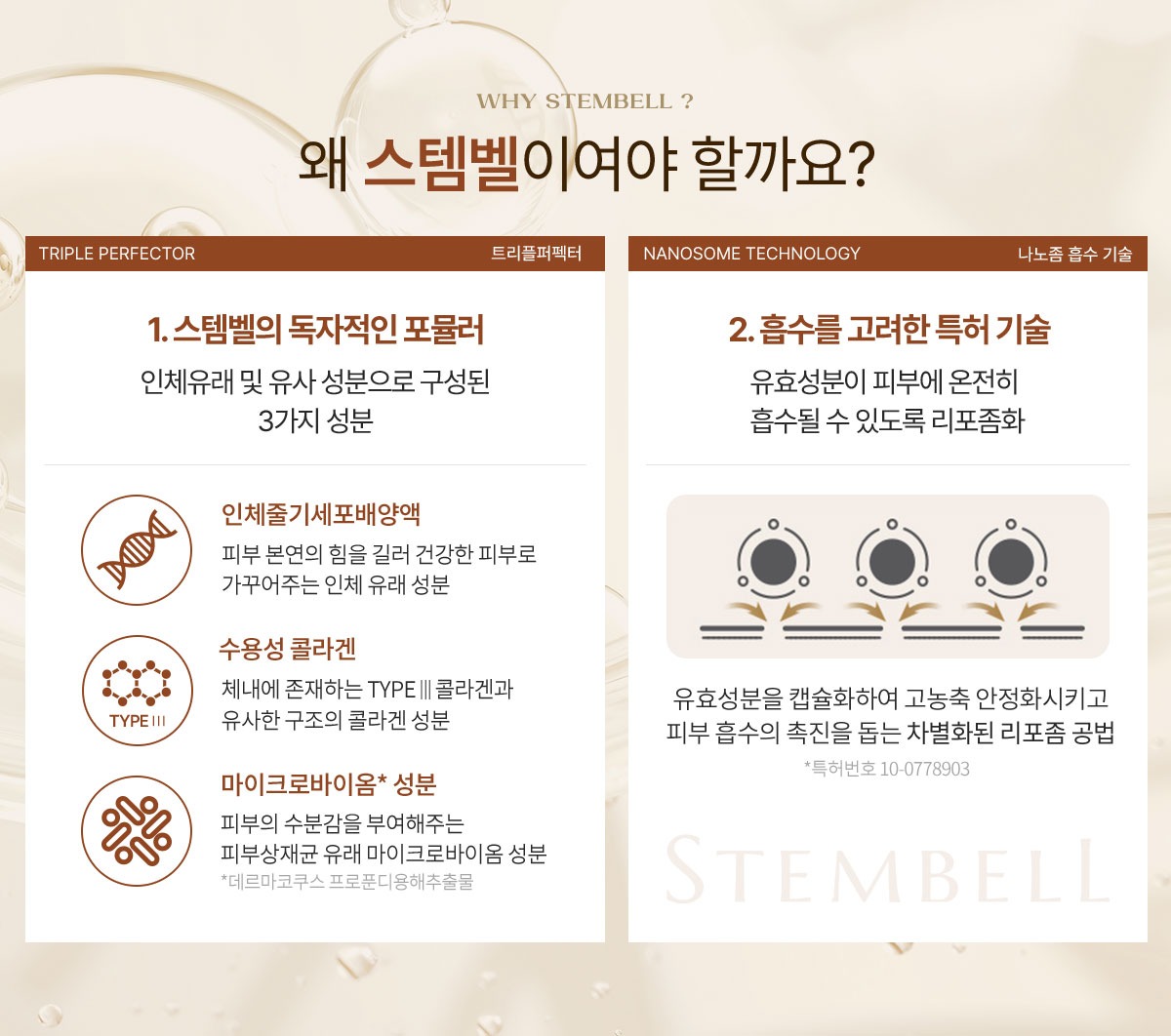 WHY STEMBELL 왜 스템벨이어야 할까요 TRIPLE PERFECTOR 트리플퍼펙터 스템벨의 독자적인 포뮬러 NANOSOME TECHNOLOGY 나노좀 흡수 기술