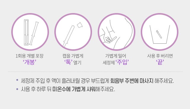 1회용 개별 포장 개봉 캡을 가볍게 톡 열기 가볍게 밀어 세정제 주입 사용 후 버리면 끝 세정제 주입 후 액이 흘러내릴 경우 부드럽게 회음부 주변에 마사지 해주세요 사용 후 하루 뒤 미온수에 가볍게 샤워해주세요